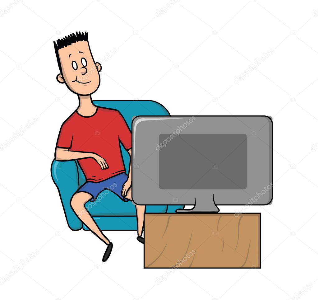 Young man watching TV, sitting in a chair. Vector illustration, isolated on white.