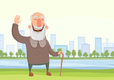 Mutlu yaşlı adam sabah bastonla yürüyerek şehir parkında. Aktif yaşam tarzı ve spor faaliyetleri yaşta. Vektör çizim.