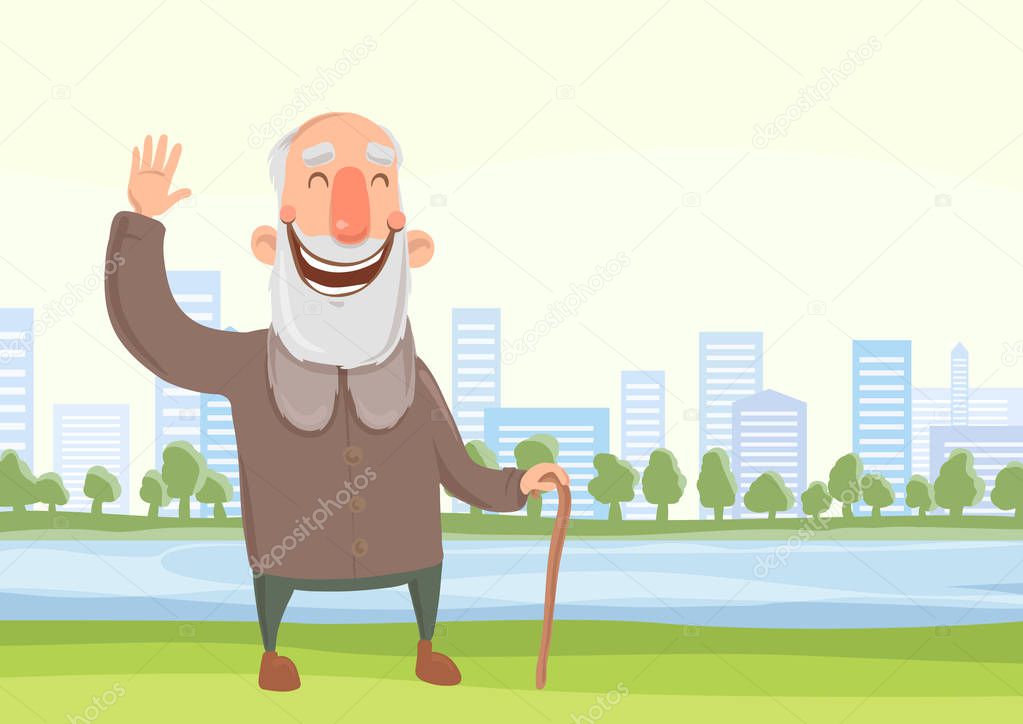 Happy old man with a cane on the morning walk in city park. Active lifestyle and sport activities in old age. Vector illustration.
