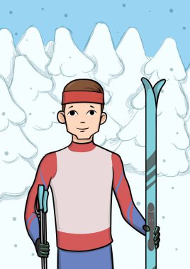 Cross country kayak, kış spor. Karla kaplı ormanda ayakta kayaklar olan genç adam. Vektör çizim.