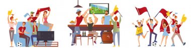 Bir grup arkadaşıyla futbol hayranları onların favori futbol takımı için tezahürat. Kadın ve erkek Futbol Stadyumu, bar ve evde Tv. vektör çizim üzerinde izlemek.