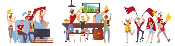 Un gruppo di amici, tifosi di calcio che fanno il tifo per la loro squadra di calcio preferita. Uomini e donne guardano il calcio allo stadio, al bar e a casa in TV. Illustrazione vettoriale . — Vettoriale Stock