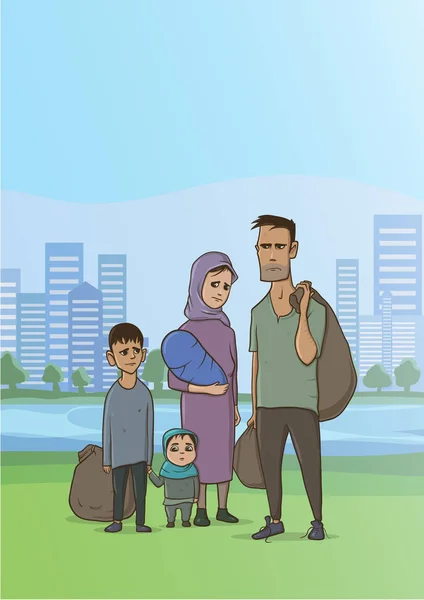 Familie daklozen of vluchtelingen, een man en een vrouw met kinderen in de grote stad. Vectorillustratie met copyspace. — Stockvector