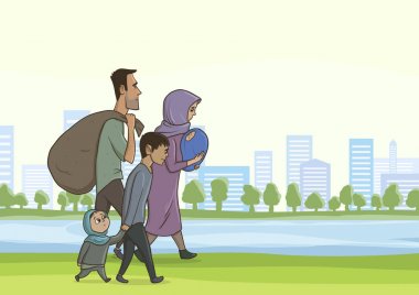 Aile evsiz ya da mülteciler, bir erkek ve bir kadın büyük şehirde çocuklu. Vektör çizim ile boşaltmak.