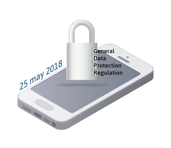 Ilustracja koncepcja Gdpr. Dane ogólne rozporządzenie o ochronie. Ochrony danych osobowych. Ikona smartfona i blokady. Wektor, na białym tle. — Wektor stockowy