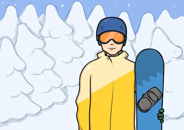 雪に覆われた冬の森の中でスノーボードの立っている若い男。スノーボード、極端なスポーツ、野外活動。ベクトル図. — ストックベクタ