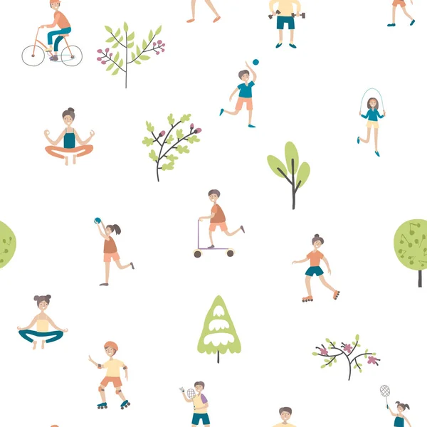 Active lifestyle, sports entertainment outdoors. Seamless pattern, vector background illustration. — Stock Vector