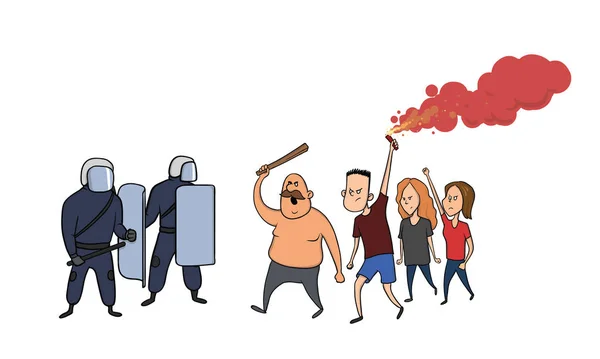 Disturbios callejeros y protestas. Las personas que protestan se enfrentan a la policía. Ilustración vectorial, aislada en blanco . — Vector de stock