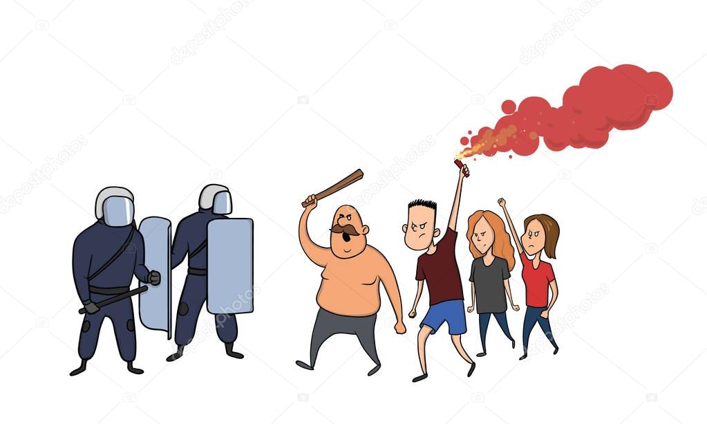 Street riots and protests. Protesting people are confronting the police. Vector illustration, isolated on white.