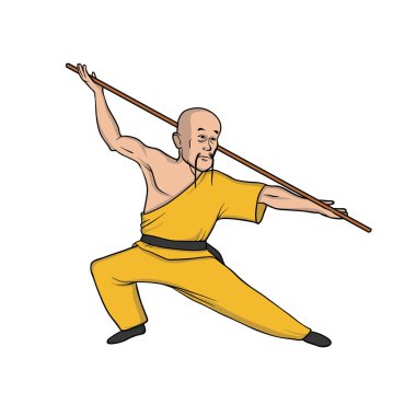 Kung fu pratik Shaolin monk. Savaş sanatı. Vektör çizim, üzerinde beyaz izole.