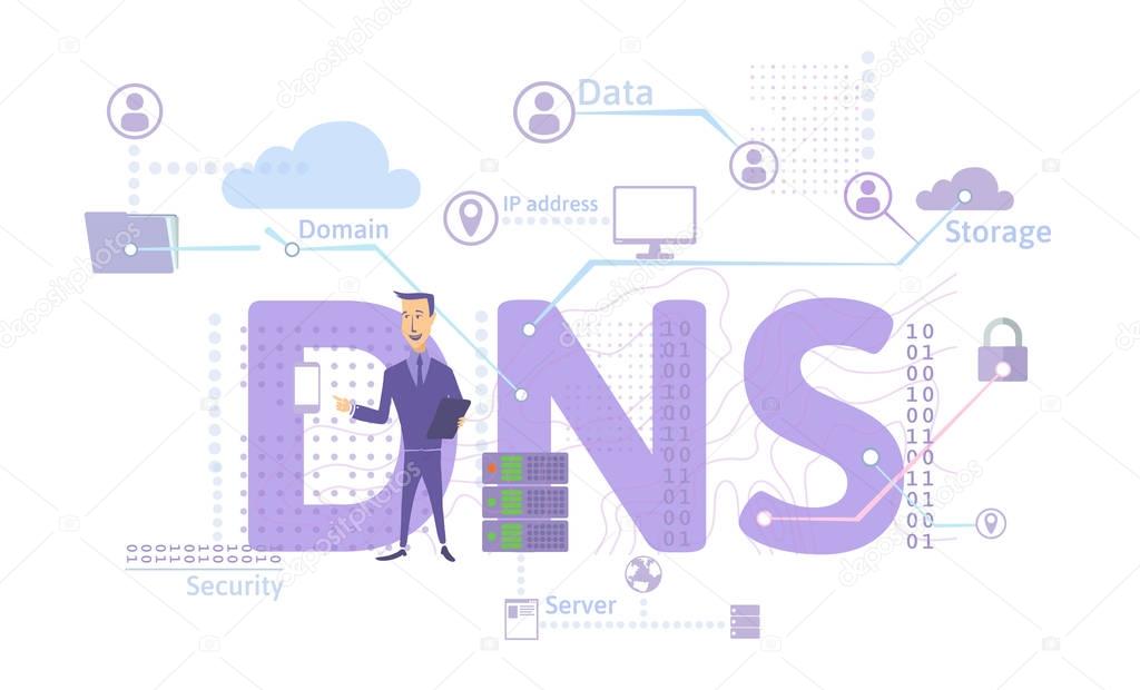 DNS concept, Domain Name System. Decentralized naming system for computers, devices, services, or other resources. Vector illustration in flat style, isolated on white.