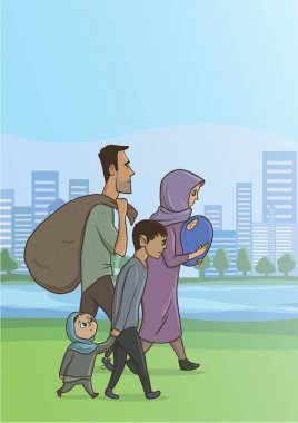 Aile evsiz ya da mülteciler, bir erkek ve bir kadın büyük şehirde çocuklu. Vektör çizim ile boşaltmak.