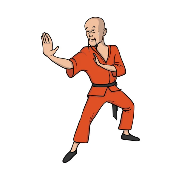 Monge Shaolin praticando kung fu. Arte marcial. Ilustração vetorial, isolada sobre branco . — Vetor de Stock