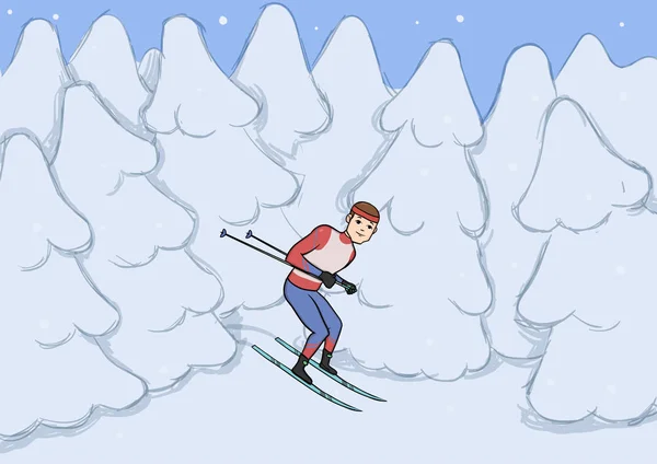 Cross country skidåkning, vinter sport. Ung man med skidor i snön täckte skog. Vektorillustration. — Stock vektor