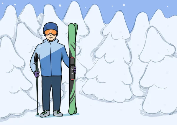 Молодой человек стоит с горными лыжами на фоне заснеженного леса. Зимний спорт. Векторная иллюстрация . — стоковый вектор