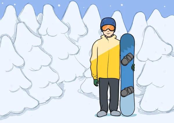 Un joven con tabla de snowboard de pie entre el bosque nevado de invierno. Snowboard, deporte extremo, recreación activa. Ilustración vectorial . — Vector de stock
