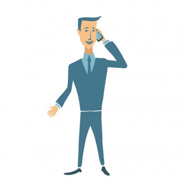 Bir cep telefonuyla konuşurken ayakta gülümseyen iş adamı. Düz vektör karakter illüstrasyon, beyaz izole.