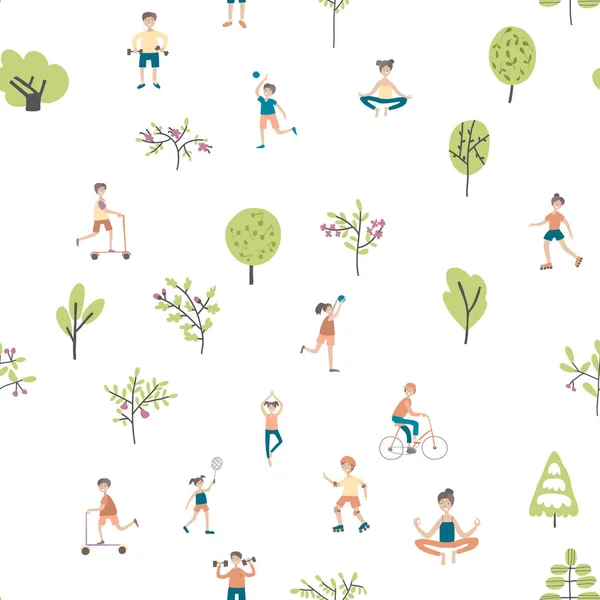 Style de vie actif, divertissement sportif en plein air. Modèle sans couture, illustration vectorielle de fond . — Image vectorielle