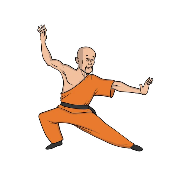 Monje Shaolin practicando kung fu. Arte marcial. Ilustración vectorial, aislada en blanco . — Vector de stock