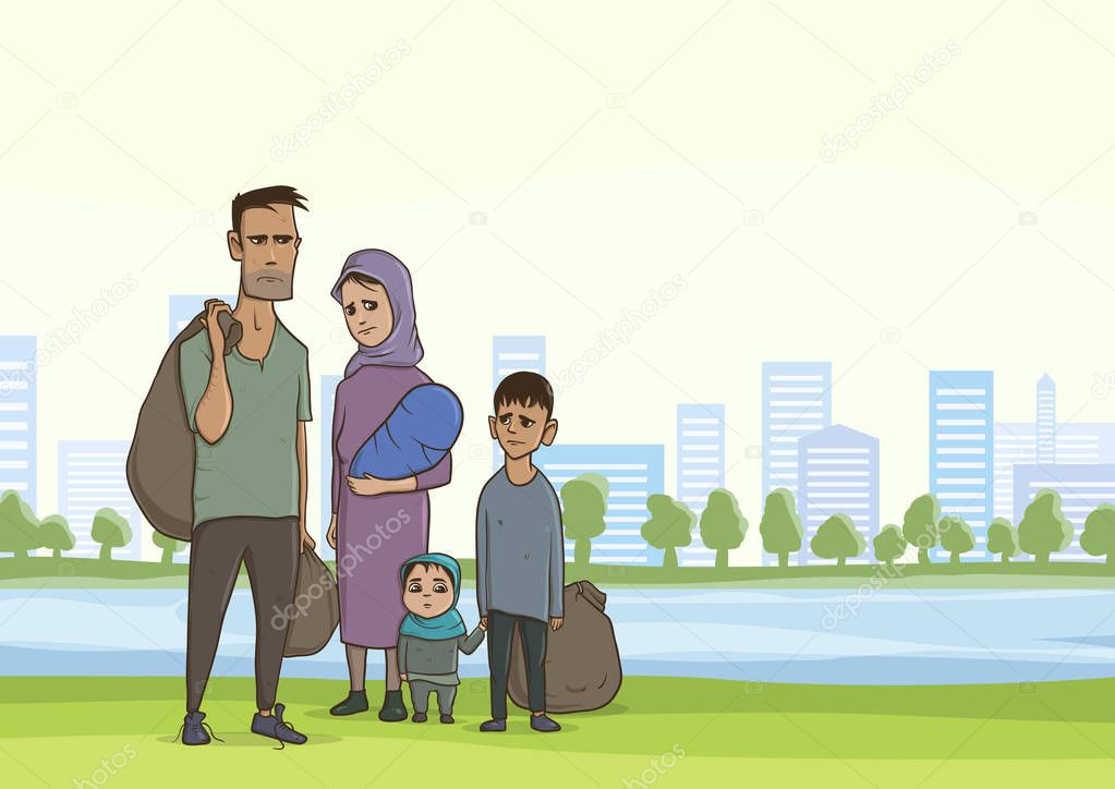 Family homeless or refugees, a man and a woman with children in the big city. Vector illustration with copyspace.