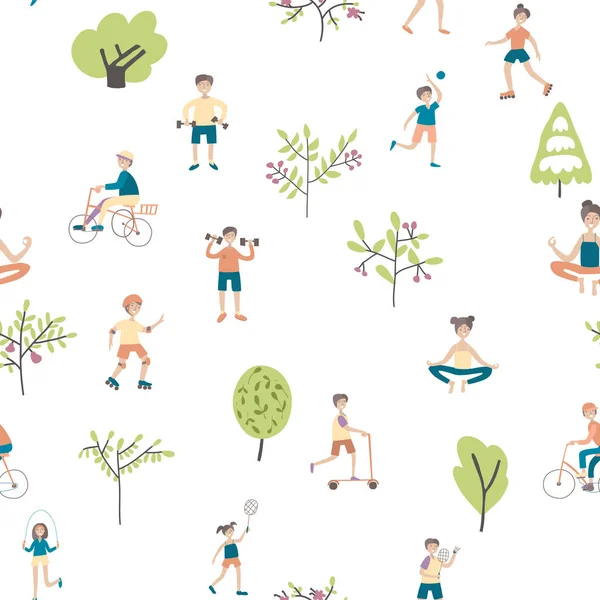 Aktiv livsstil, sport underhållning utomhus. Seamless mönster, vektor bakgrund illustration. — Stock vektor