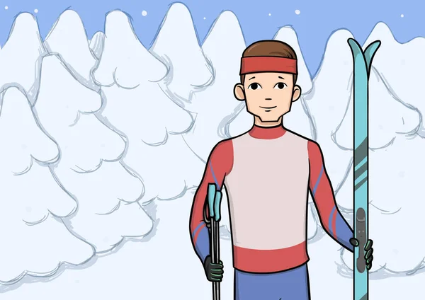 Лыжные гонки, зимний спорт. Молодой человек с лыжами стоит в заснеженном лесу. Векторная иллюстрация . — стоковый вектор