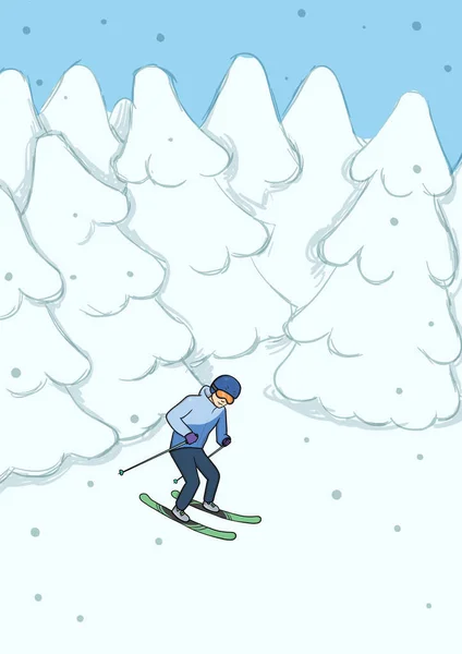Молодой человек катается на горных лыжах среди заснеженного леса. Зимний экстремальный спорт. Векторная иллюстрация . — стоковый вектор