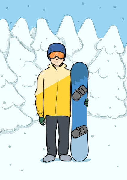 눈 덮인 겨울 숲 가운데 서 있는 스노우 보드와 젊은 남자. 스노우보드, 익스트림 스포츠, 레저입니다. 벡터 일러스트 레이 션. — 스톡 벡터