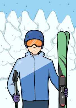 Genç dağ kayakları, karla kaplı orman arka plan ile ayakta adam. Kış spor. Vektör çizim.