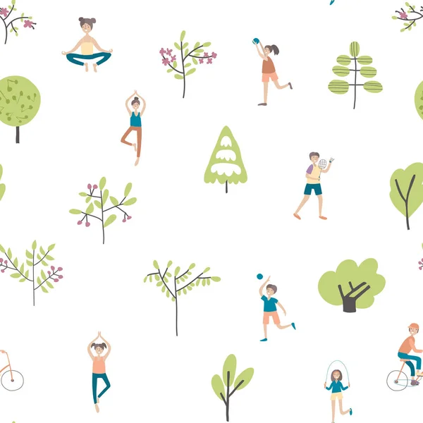 Active lifestyle, sports entertainment outdoors. Seamless pattern, vector background illustration. — Stock Vector