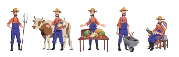 Фермер, що працює на фермі, доглядає за коровою, продає фермерські продукти та відпочиває. Набір символів, Векторні ілюстрації, ізольовані на білому тлі . — стоковий вектор