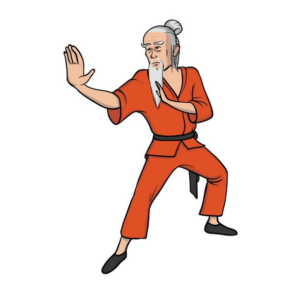 Monge Shaolin praticando kung fu ou wushu. Velho mestre, arte marcial. Ilustração vetorial, isolada sobre fundo branco . — Vetor de Stock