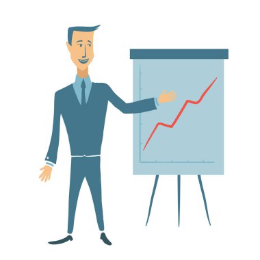 Yukarı doğru bir grafik gösterilen iş adamı. Sunuyu, genç adam. Vektör düz illüstrasyon, beyaz izole.