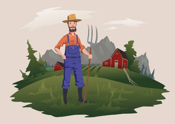Фермер стоїть з виделкою на фермі. Гірський сільський пейзаж на задньому плані. Персонаж ранчо, Векторні ілюстрації . — стоковий вектор