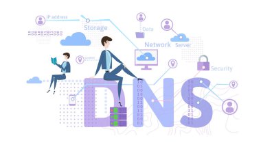 DNS kavramı, etki alanı adı sistemi. Adem-i merkeziyetçi adlandırma sistemi bilgisayarlar, aygıtlar, hizmet veya diğer kaynaklar için. Vektör çizim üzerinde beyaz izole düz stilde.