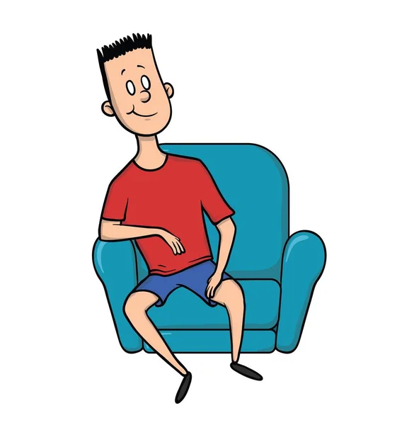 Νεαρός άνδρας είναι ανάπαυση, να κάθεται σε μια καρέκλα. Εικονογράφηση χαρακτήρα κινουμένων σχεδίων, που απομονώνονται σε λευκό φόντο. — Διανυσματικό Αρχείο
