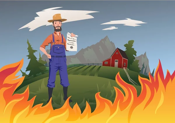 Concepto de seguro para agricultores, ilustración vectorial. Fuego en la granja. Un agricultor tranquilo se levanta y sostiene el seguro en su mano . — Archivo Imágenes Vectoriales