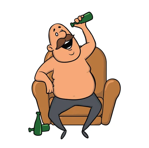 Mann sitzt auf einem Stuhl und trinkt Bier. Vektorabbildung, isoliert auf weiß. — Stockvektor