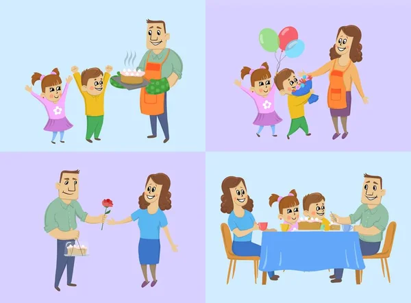 8 de marzo, concepto del día internacional de la mujer. El marido y los niños preparan un pastel, le dan regalos a mamá y cenan con toda la familia en la mesa de vacaciones. Ilustración vectorial . — Archivo Imágenes Vectoriales