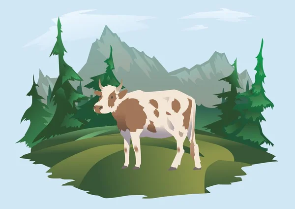 Une vache broutant dans une prairie, paysage alpin. Illustration vectorielle pour l'emballage du lait ou des produits laitiers . — Image vectorielle