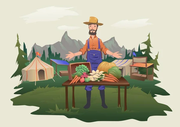 Mercado de granjeros, feria del pueblo. Un hombre parado detrás de un mostrador con verduras cultivadas en la granja. Ilustración vectorial aislada . — Vector de stock