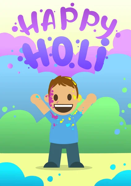 A fesztivál Holi színek lapos stílusú plakát. Fiú dobja festék. Vektoros illusztráció. — Stock Vector