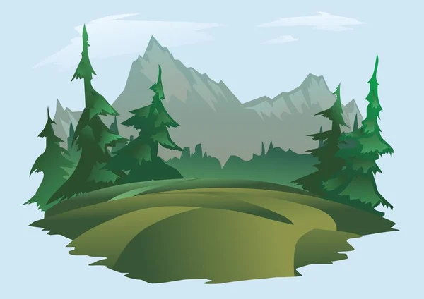 Paisaje de montaña. Pradera verde, bosque y picos de montaña en la distancia. Ilustración vectorial aislada . — Vector de stock