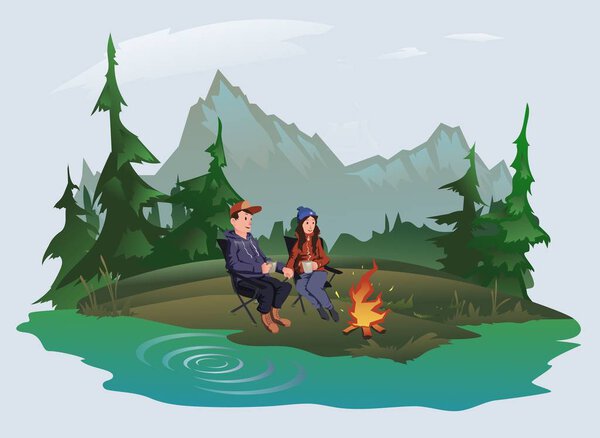 Young couple, man and woman sitting around the campfire in the woods on the shore of the lake. Hiking, active outdoor recreation. Isolated vector illustration.