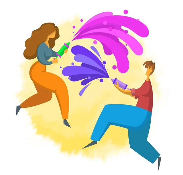 Плакат к фестивалю цветов Холи в плоском стиле. Мальчик и девочка бросают краску. Векторная иллюстрация . — стоковый вектор