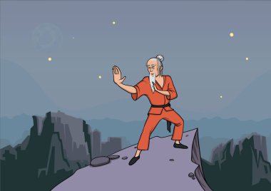Yaşlı adam, wushu dağlarda pratik dövüş sanatları ustası. Vektör çizim.