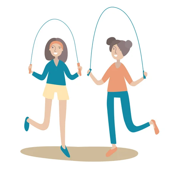Due ragazze che saltano la corda. Uno stile di vita sano. Illustrazione vettoriale, isolata su bianco . — Vettoriale Stock
