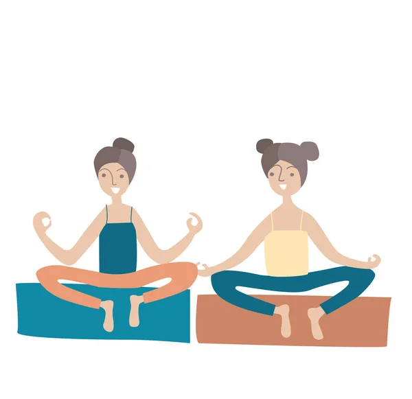 Deux filles pratiquant le yoga, assises en position Lotus. Mode de vie sain. Illustration vectorielle, isolée sur fond blanc . — Image vectorielle