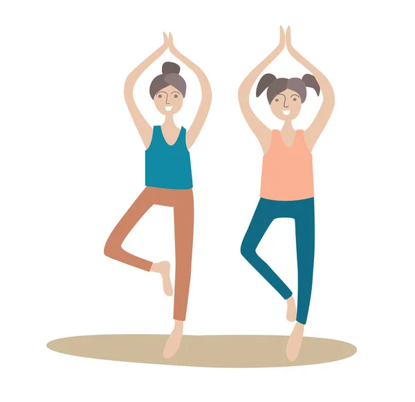 Duas meninas praticando ioga, de pé em pose de árvore. Estilo de vida saudável. Ilustração vetorial, isolada sobre fundo branco . — Vetor de Stock