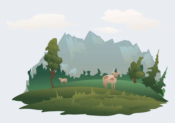 Paysage montagneux. Pré vert, forêt et sommets montagneux au loin. Illustration vectorielle isolée . — Image vectorielle